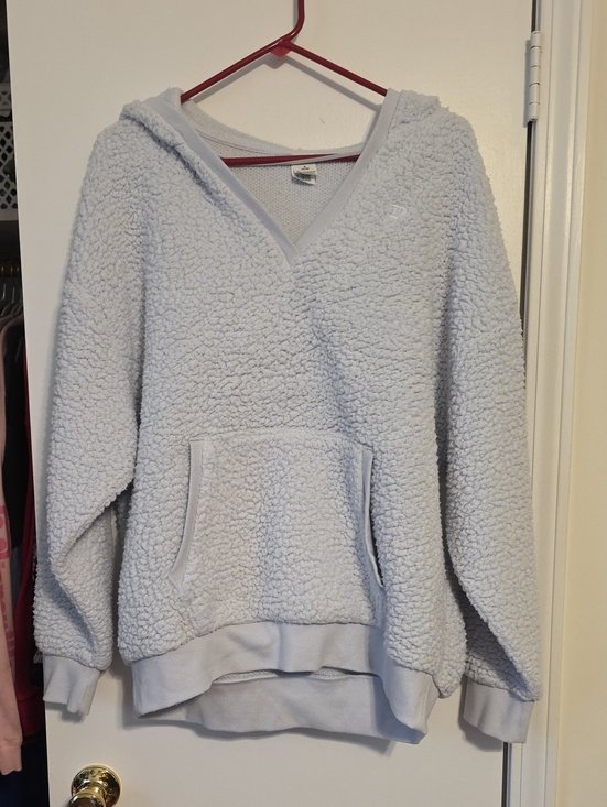 PINK Victoria's Secret Tops - PINK Victoria's Secret Light Gray Sherpa V-Neck Pullover Hoodie